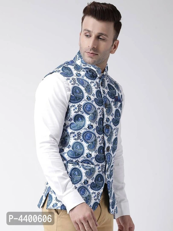 Elite White Polyester Viscose Printed Ethnic Waistcoat For Men - 44, White
