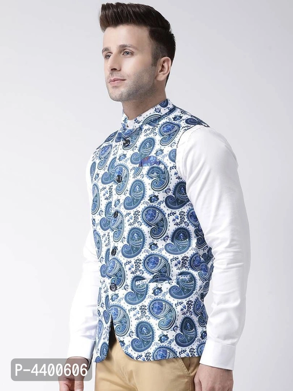Elite White Polyester Viscose Printed Ethnic Waistcoat For Men - 44, White