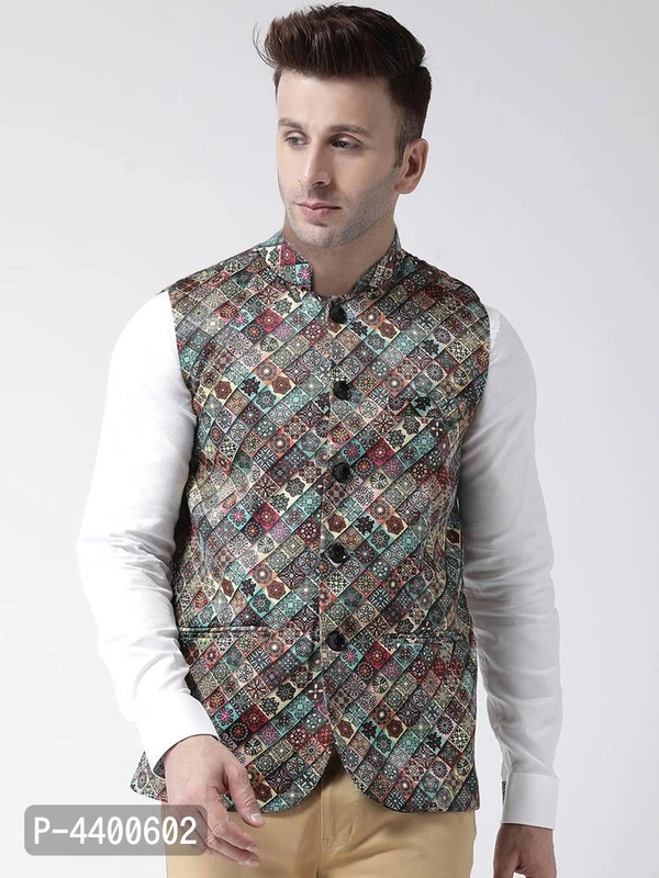 Elite Multicoloured Polyester Viscose Printed Ethnic Waistcoat For Men - Multicoloured, 38