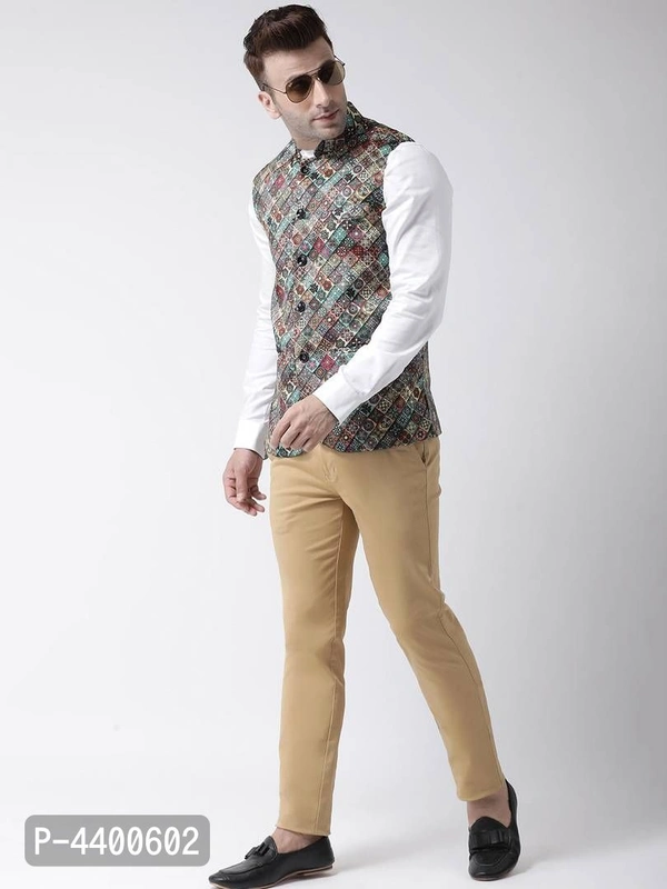 Elite Multicoloured Polyester Viscose Printed Ethnic Waistcoat For Men - Multicoloured, 38