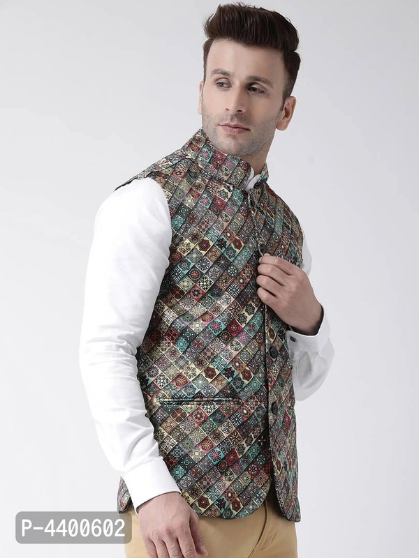 Elite Multicoloured Polyester Viscose Printed Ethnic Waistcoat For Men - Multicoloured, 38