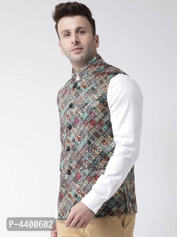 Elite Multicoloured Polyester Viscose Printed Ethnic Waistcoat For Men - Multicoloured, 38