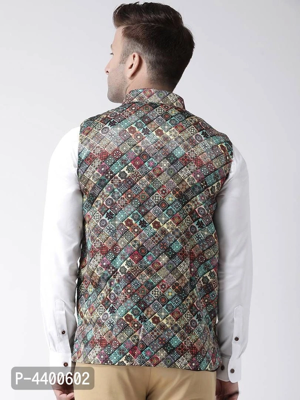 Elite Multicoloured Polyester Viscose Printed Ethnic Waistcoat For Men - Multicoloured, 38