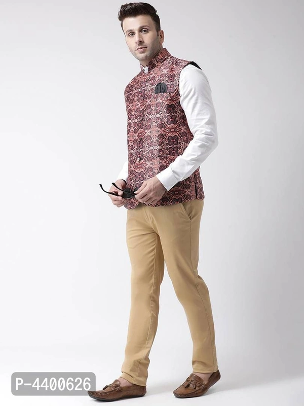 Elite Brown Polyester Viscose Printed Ethnic Waistcoat For Men - 40, Brown