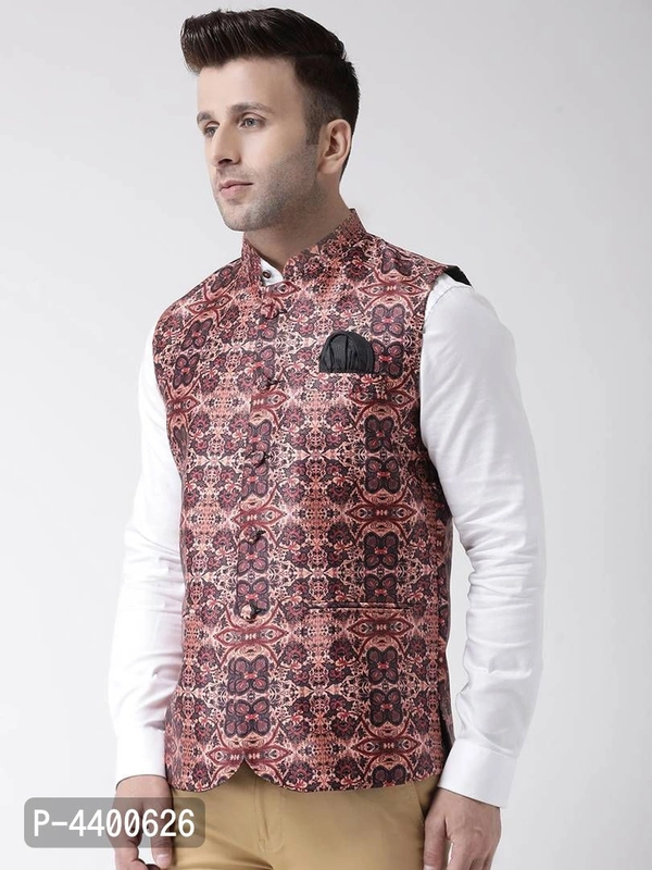 Elite Brown Polyester Viscose Printed Ethnic Waistcoat For Men - 40, Brown