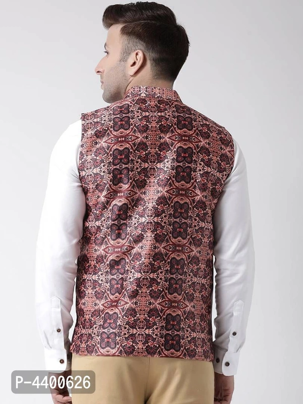 Elite Brown Polyester Viscose Printed Ethnic Waistcoat For Men - 40, Brown