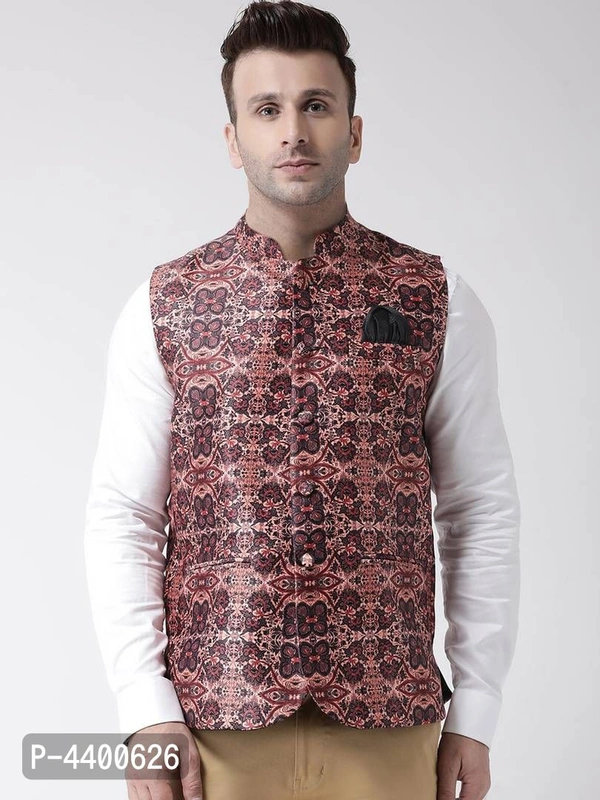Elite Brown Polyester Viscose Printed Ethnic Waistcoat For Men - 40, Brown