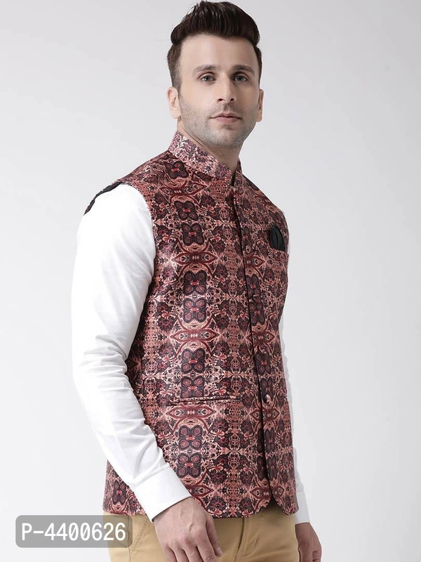 Elite Brown Polyester Viscose Printed Ethnic Waistcoat For Men - 44, Brown