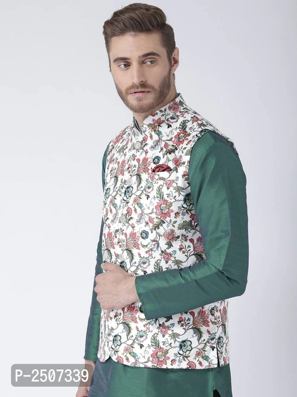 Men Multicoloured Printed Nehru Jacket With Pocket Square - Multicoloured, 38