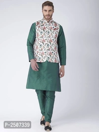 Men Multicoloured Printed Nehru Jacket With Pocket Square - Multicoloured, 38