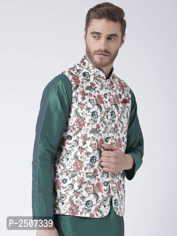 Men Multicoloured Printed Nehru Jacket With Pocket Square - Multicoloured, 38