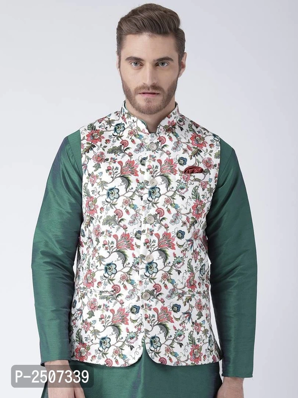 Men Multicoloured Printed Nehru Jacket With Pocket Square - 44, Multicoloured