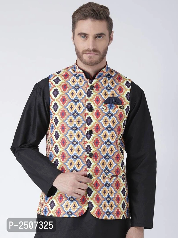 Men Multicoloured Printed Nehru Jacket With Pocket Square - Multicoloured, 38