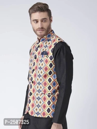 Men Multicoloured Printed Nehru Jacket With Pocket Square - Multicoloured, 38