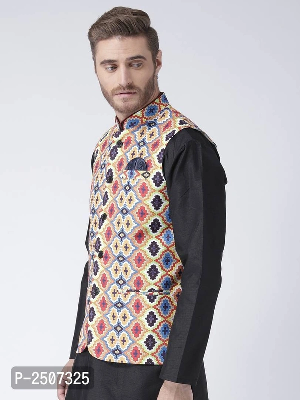 Men Multicoloured Printed Nehru Jacket With Pocket Square - Multicoloured, 38