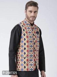Men Multicoloured Printed Nehru Jacket With Pocket Square - Multicoloured, 38
