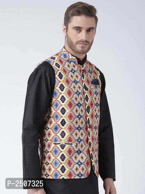 Men Multicoloured Printed Nehru Jacket With Pocket Square - Multicoloured, 38