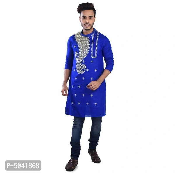 Cotton Embroidery Men's Kurta - Blue, M