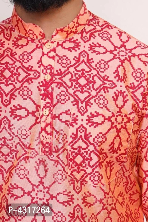 Cotton Blend Short Hand Printed Kurta For Men - Multicoloured, 36
