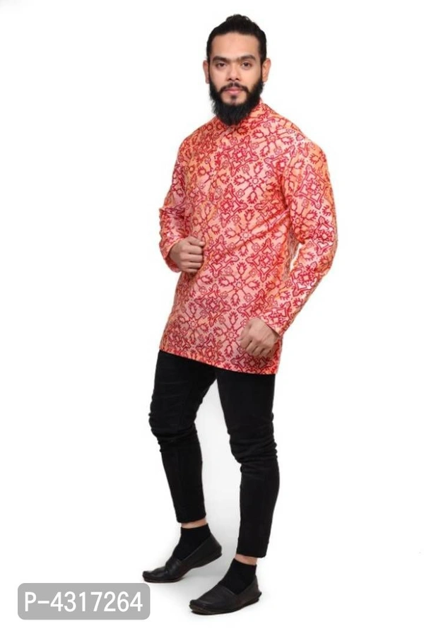 Cotton Blend Short Hand Printed Kurta For Men - Multicoloured, 38