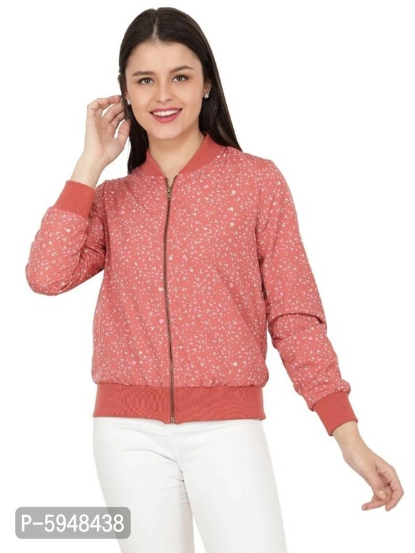 Women Full Sleeve Polyester Printed Bomber Jacket - Red, XL