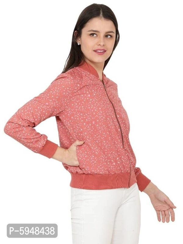 Women Full Sleeve Polyester Printed Bomber Jacket - Red, XL