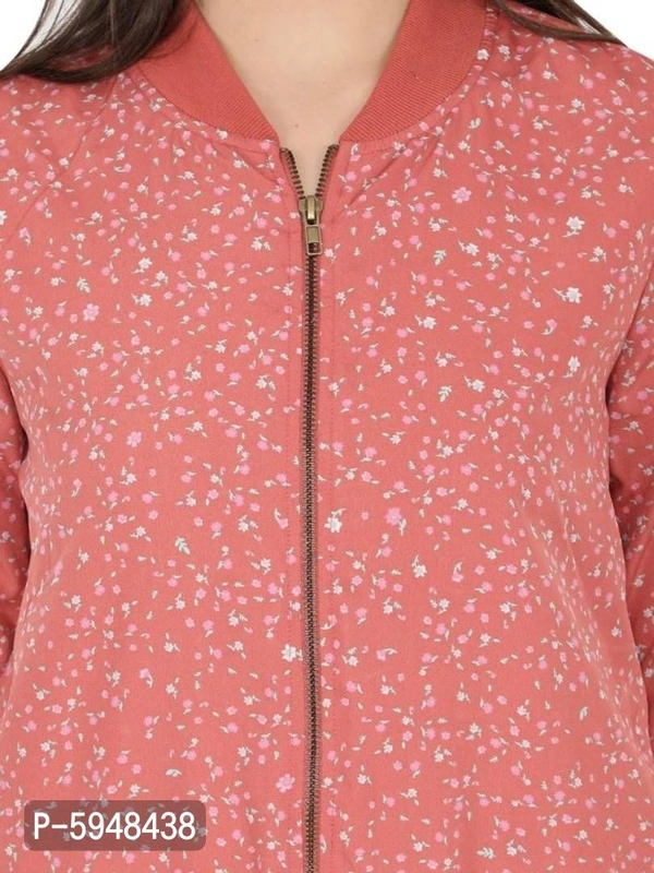 Women Full Sleeve Polyester Printed Bomber Jacket - Red, XL
