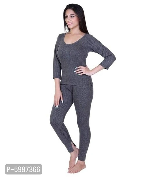 Winter Wear Cotton Blend Solid Thermal Lounge Set - Grey, M- 34/34
