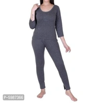 Winter Wear Cotton Blend Solid Thermal Lounge Set - Grey, M- 34/34