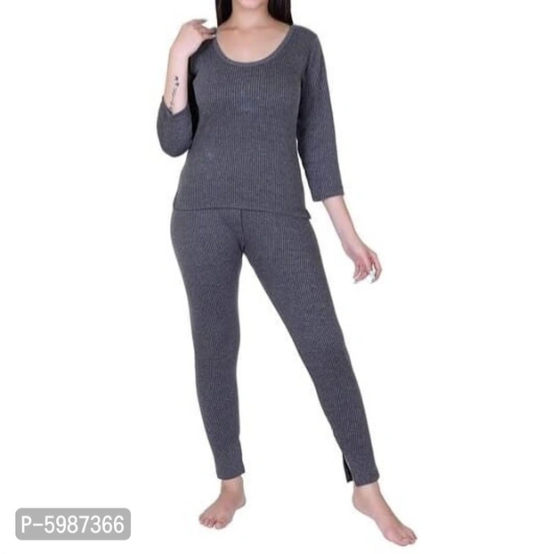 Winter Wear Cotton Blend Solid Thermal Lounge Set - Grey, M- 34/34