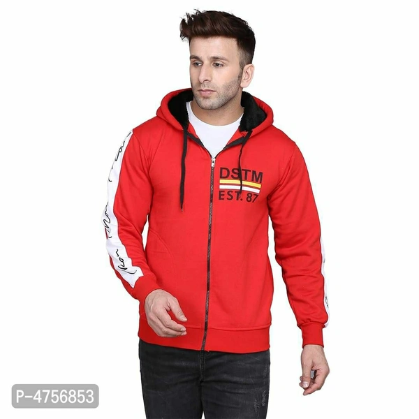 Men Cotton Blend Hooded Zipper Sweatshirt - Red, M(38 inches)