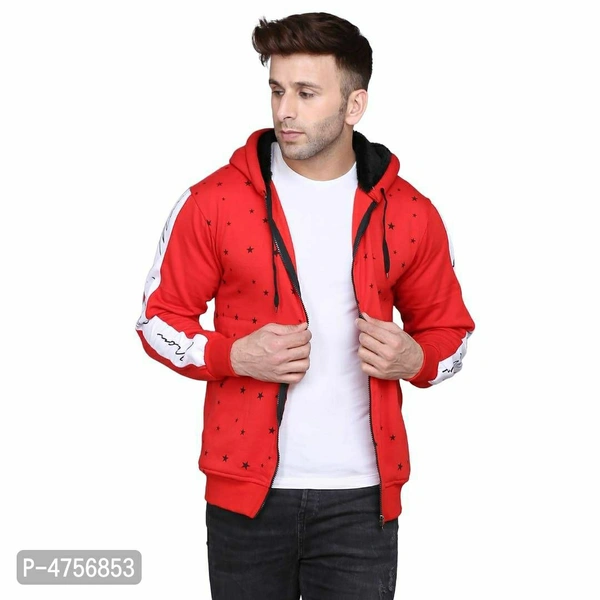 Men Cotton Blend Hooded Zipper Sweatshirt - Red, L(40 inches)