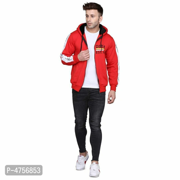 Men Cotton Blend Hooded Zipper Sweatshirt - Red, XL(42 inches)