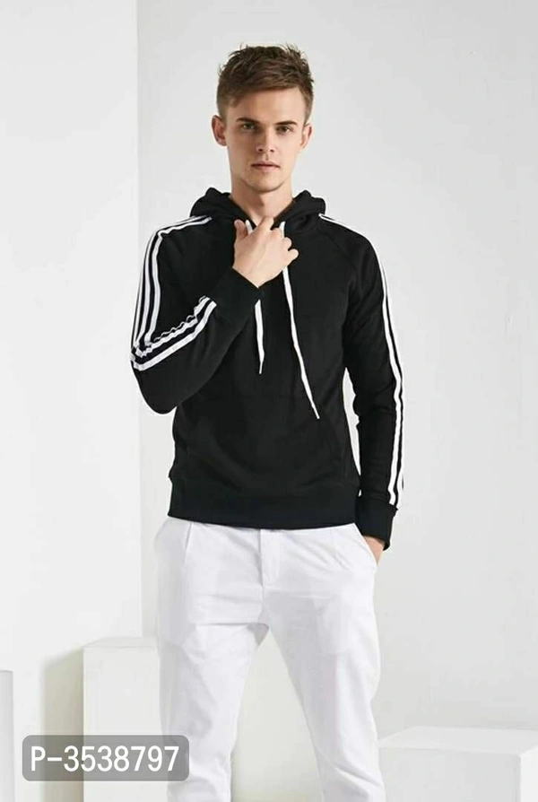 Men's Black Fleece Self Pattern Long Sleeves Regular Sports Hooded Sweatshirt - Black, S(34 inches)