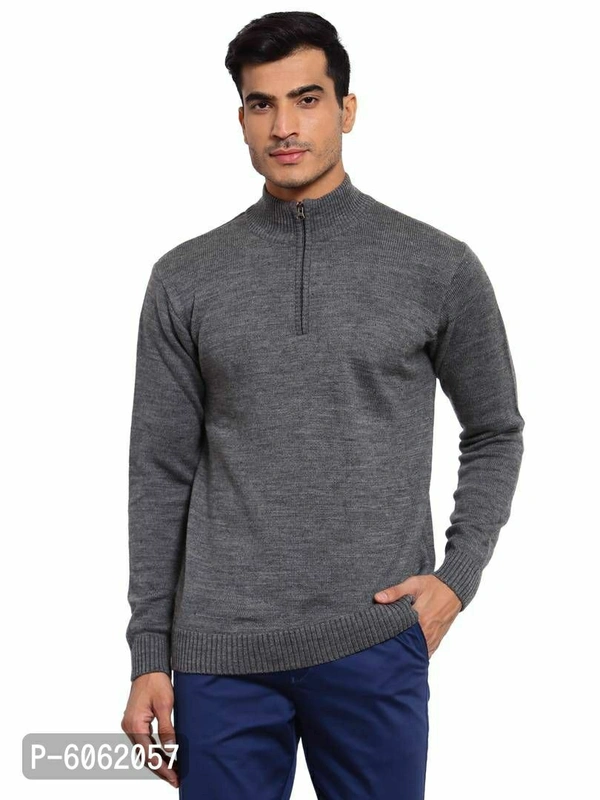 Stylish Acrylic Grey Solid Long Sleeves Half Zip Mock Collar Sweater For Men - Grey, S(38 inches)