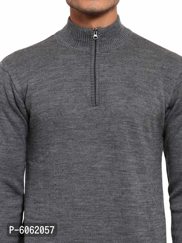 Stylish Acrylic Grey Solid Long Sleeves Half Zip Mock Collar Sweater For Men - Grey, L(42 inches)