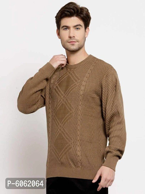 Stylish Acrylic Brown Cable Knit Long Sleeves Round Neck Sweater For Men - Brown, S(38 inches)