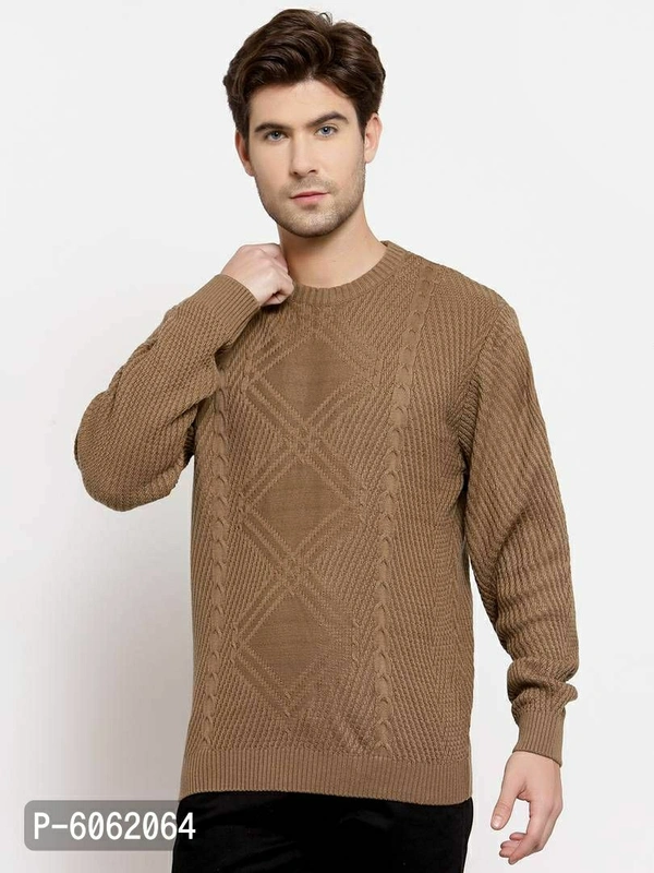 Stylish Acrylic Brown Cable Knit Long Sleeves Round Neck Sweater For Men - Brown, M(41 inches)