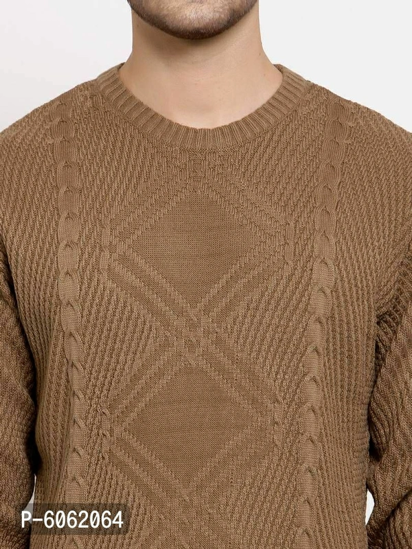 Stylish Acrylic Brown Cable Knit Long Sleeves Round Neck Sweater For Men - Brown, M(41 inches)