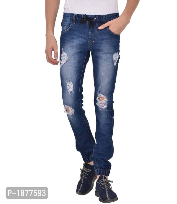Blue Strechable Distressed Denim Jogger - 34, Blue