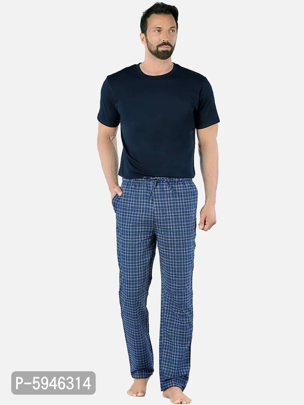 Stylish Navy Blue Super Combed Cotton Premium Checked Pajama For Men - L, Navy Blue