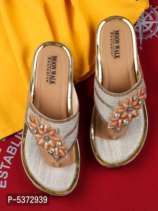 Stylish Golden Synthetic Self Design Open Toe Wedge Heels For Women - Golden, UK4
