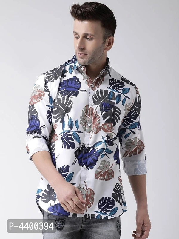 Stylish White Printed Cotton Blend Slim Fit Casual Shirt For Men - White, 38 inches