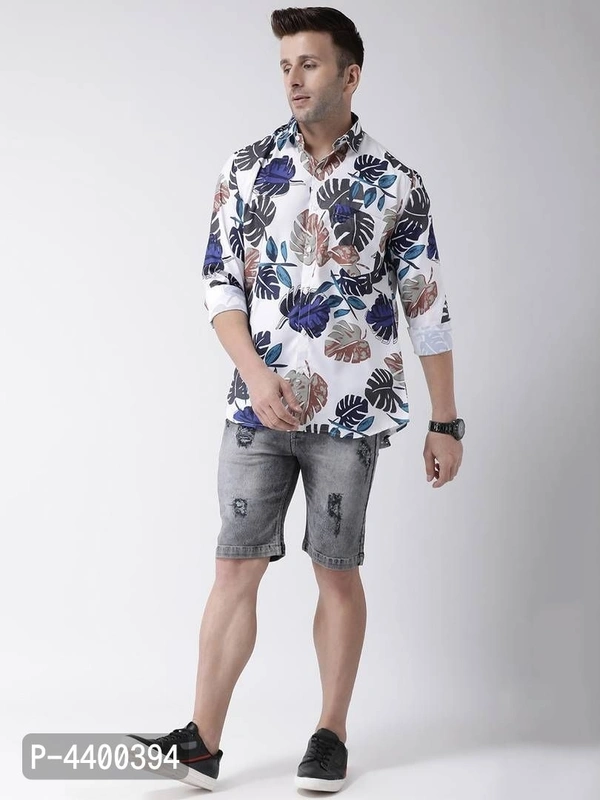 Stylish White Printed Cotton Blend Slim Fit Casual Shirt For Men - White, 38 inches