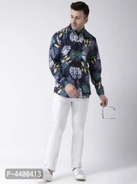 Stylish Navy Blue Printed Cotton Blend Slim Fit Casual Shirt For Men - 38 inches, Navy Blue