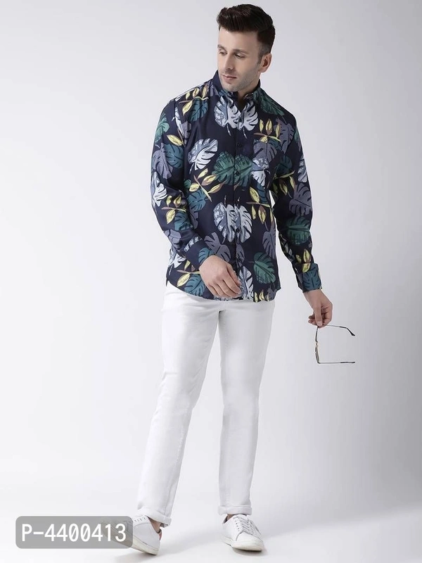 Stylish Navy Blue Printed Cotton Blend Slim Fit Casual Shirt For Men - 38 inches, Navy Blue