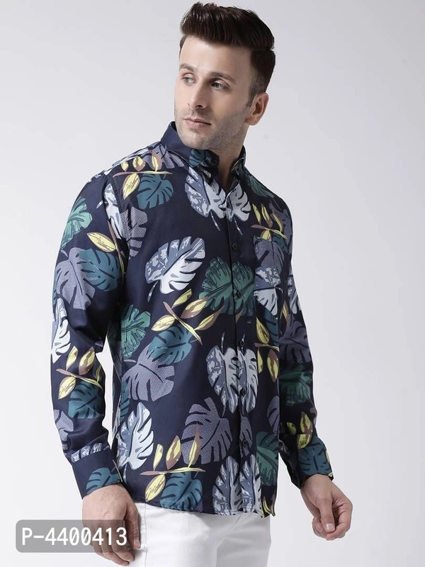 Stylish Navy Blue Printed Cotton Blend Slim Fit Casual Shirt For Men - 40 inches, Navy Blue