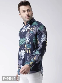 Stylish Navy Blue Printed Cotton Blend Slim Fit Casual Shirt For Men - 42 inches, Navy Blue