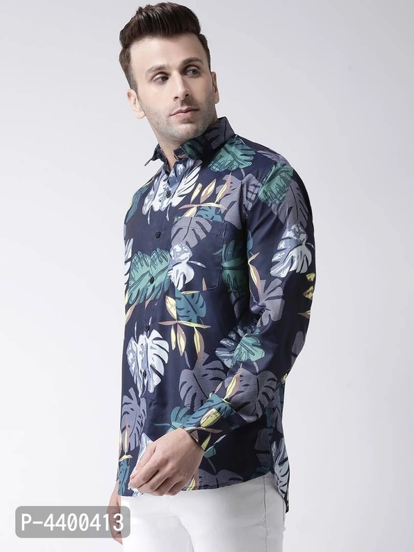 Stylish Navy Blue Printed Cotton Blend Slim Fit Casual Shirt For Men - 42 inches, Navy Blue
