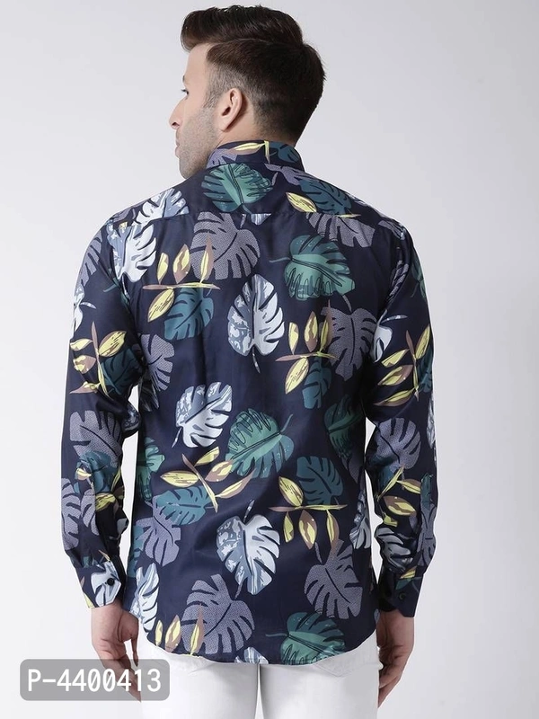 Stylish Navy Blue Printed Cotton Blend Slim Fit Casual Shirt For Men - 42 inches, Navy Blue